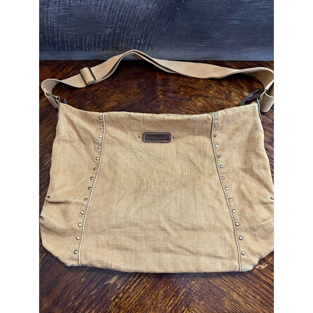 Fossil Vintage Tan Canvas & Leather Studded Hobo Crossbody Bag